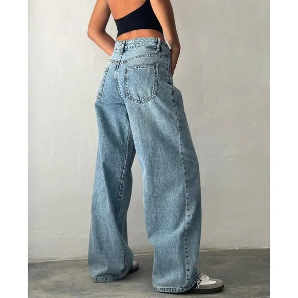Women Y2K Low Rise Baggy Jeans Vintage Wide Leg Casual Denim Pants